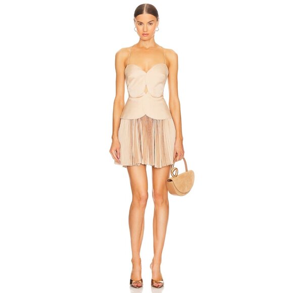 NWT Acler Willcocks Mini Dress Size 4 Tan Spaghetti Strap Pleated Lace-Up Back - Picture 2 of 13